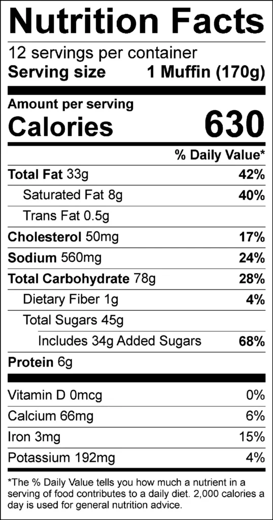 Chocolate Chip Yogurt Muffin 6 oz (12cs) — nutrition label